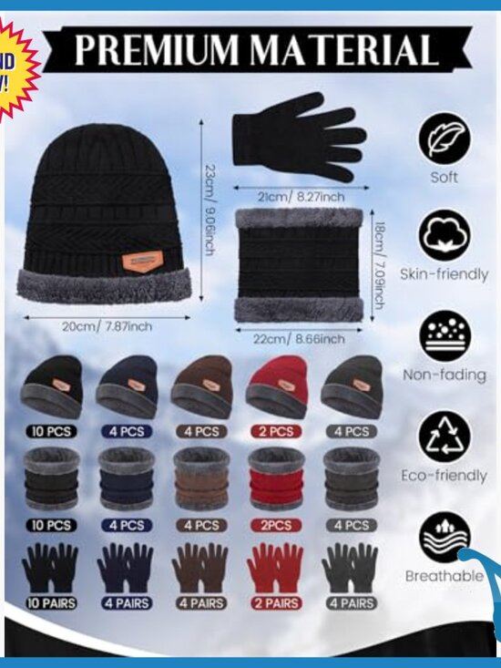 72-Piece Winter Beanie Scarf Gloves Set Unisex Knitted Fleece Warm main image 5